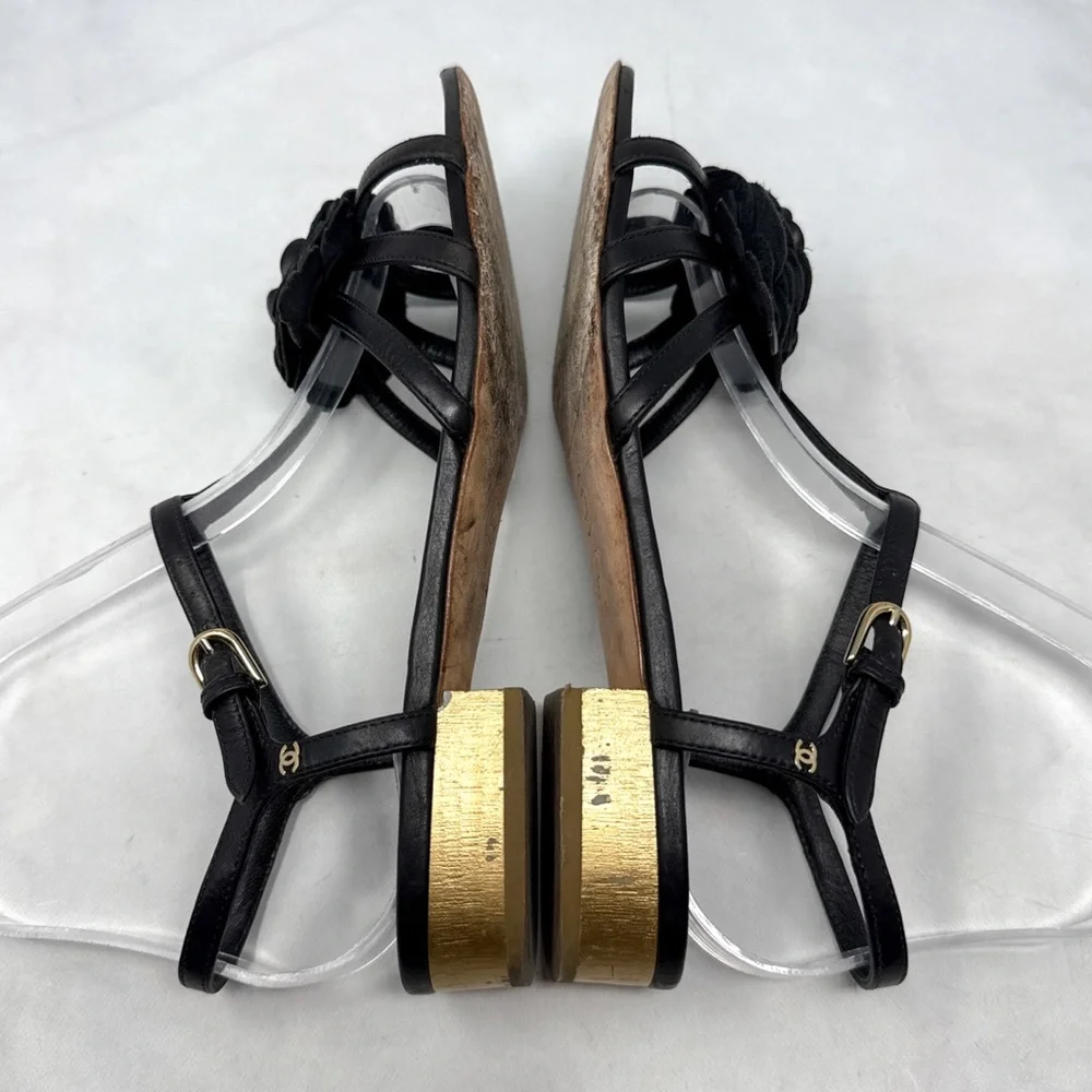 CHANEL Vintage Y2K Camellia Flower Leather Strappy Block Heel Sandal Shoes Black